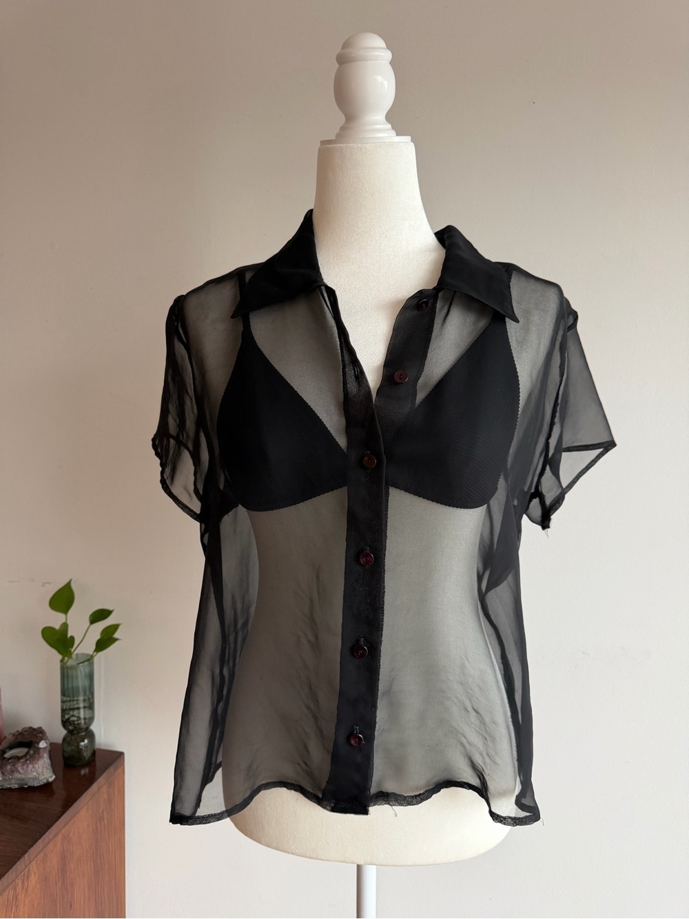 Vintage Sheer Black Button-Front Blouse